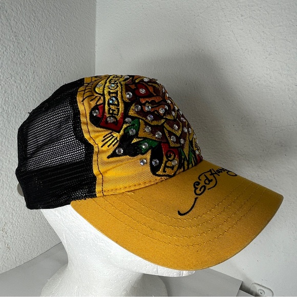 ED HARDY VTG HAT BASEBALL CAP YELLOW BLACK y2k 90s Christian Audigier Trucker - Picture 3 of 15